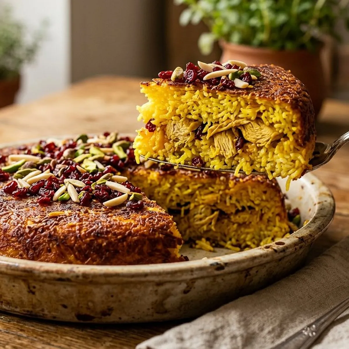 ته‌چین مرغ خانگی برش‌خورده، لایه طلایی ته‌دیگ و مرغ وسط برنج زعفرانی