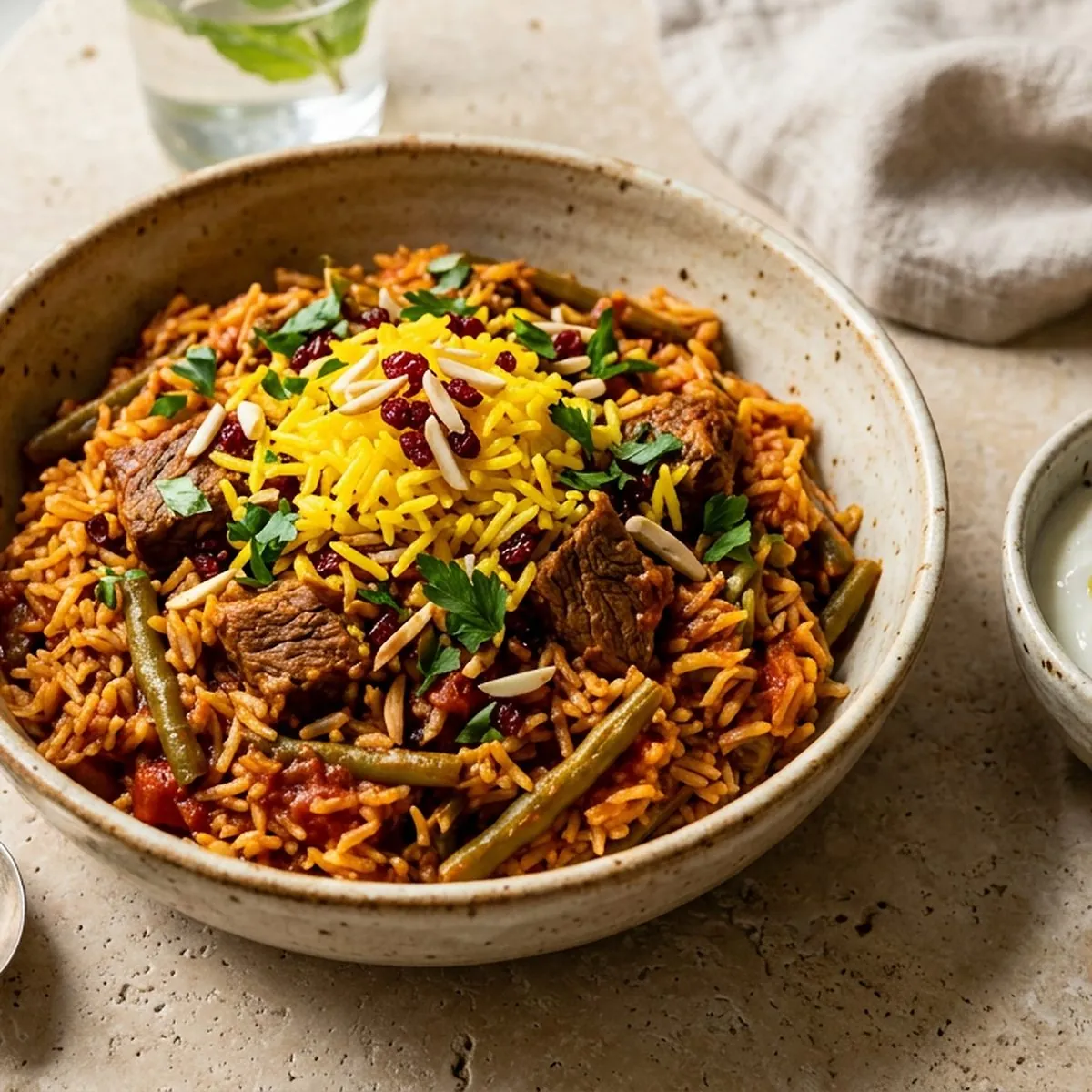 لوبیاپلو خانگی با گوشت، لوبیا چیتی و رب گوجه، با ته‌دیگ سیب‌زمینی