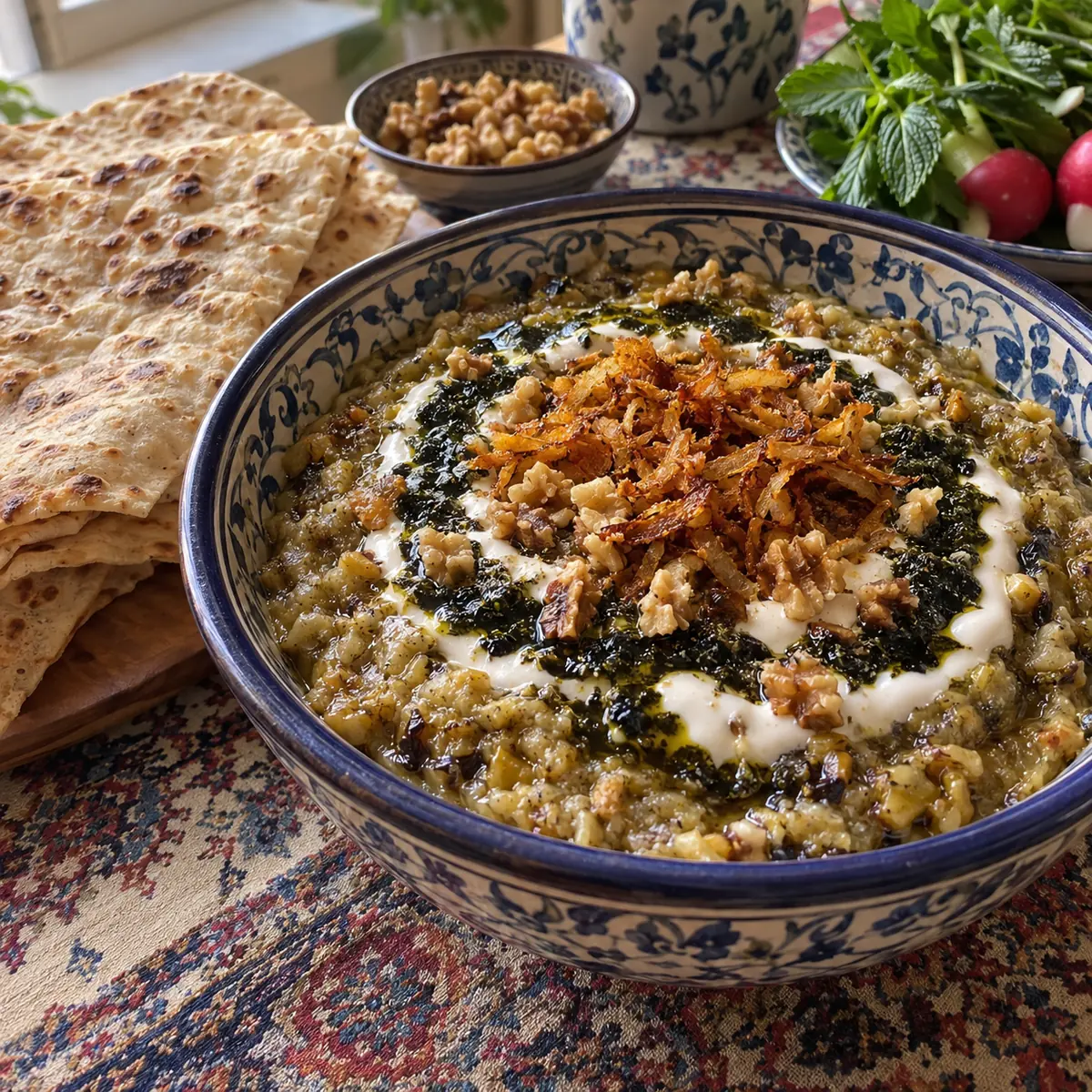 کشک بادمجان خانگی با نعناع داغ، پیاز داغ و گردو