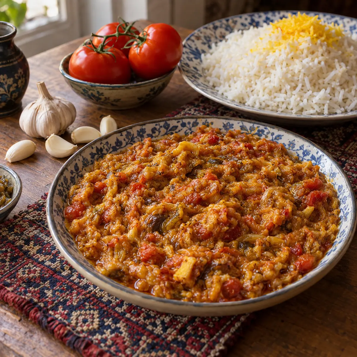 میرزاقاسمی خانگی گیلانی با بادمجان کبابی، گوجه، سیر و تخم‌مرغ