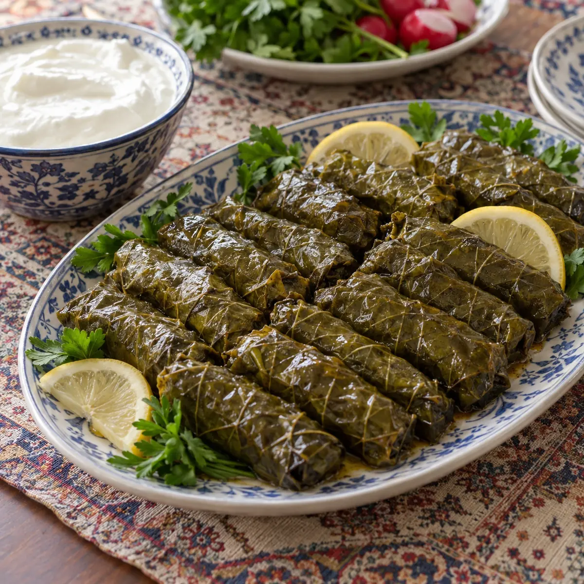 دلمه برگ مو خانگی پیچیده‌شده با برنج، لپه، گوشت و سبزی معطر