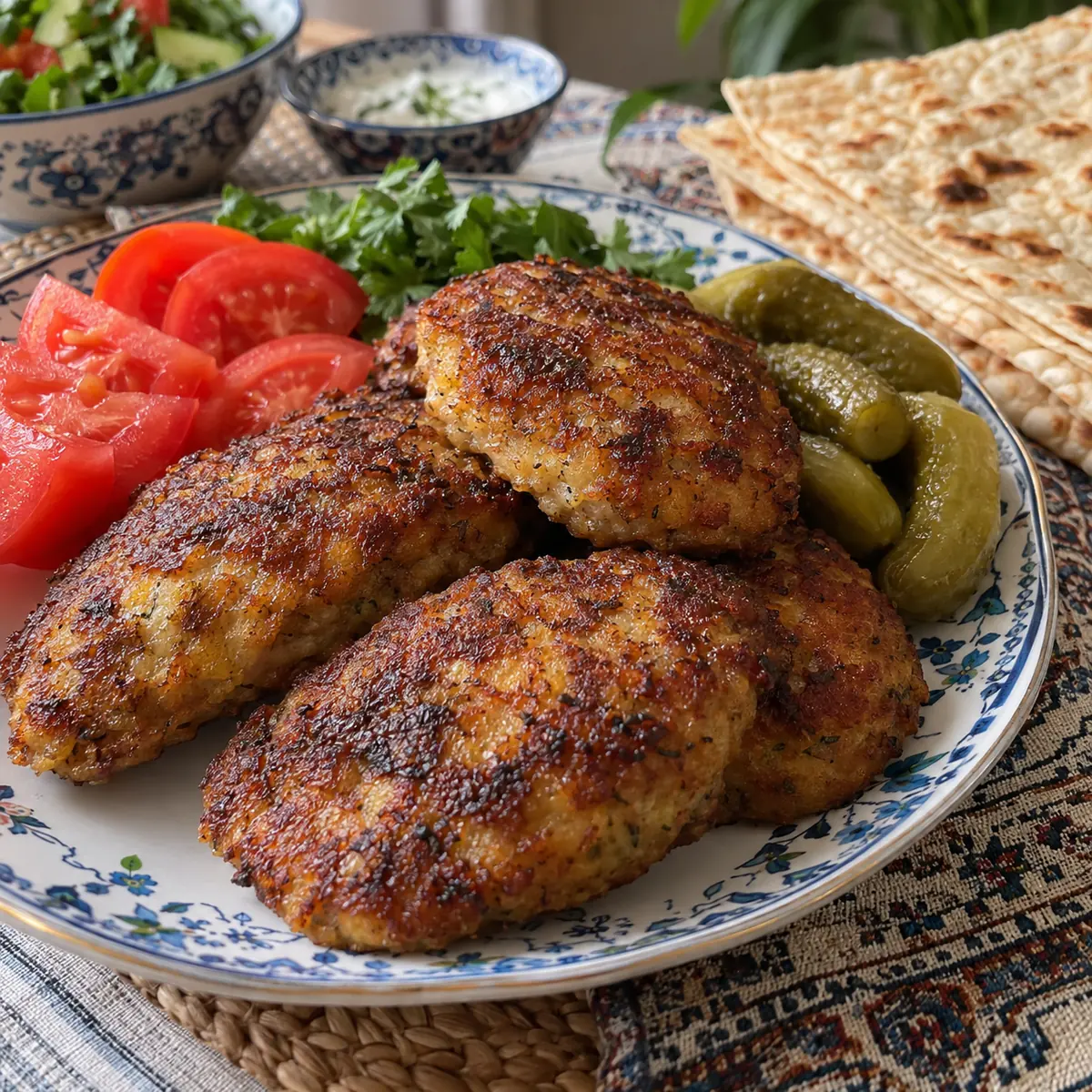 کتلت خانگی سرخ‌شده با سیب‌زمینی و گوشت، همراه با نان و گوجه