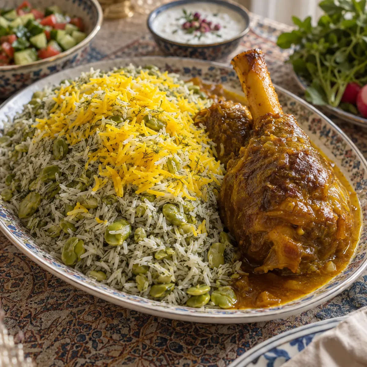 باقالی‌پلو با ماهیچهٔ گوسفندی خانگی، برنج زعفرانی با باقالی و شوید