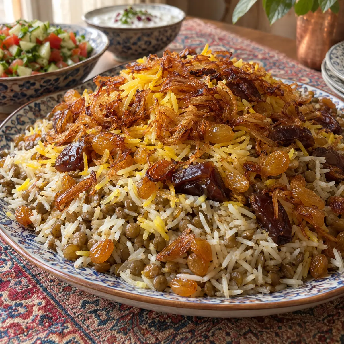 عدس‌پلو خانگی با کشمش، خرما و پیاز داغ