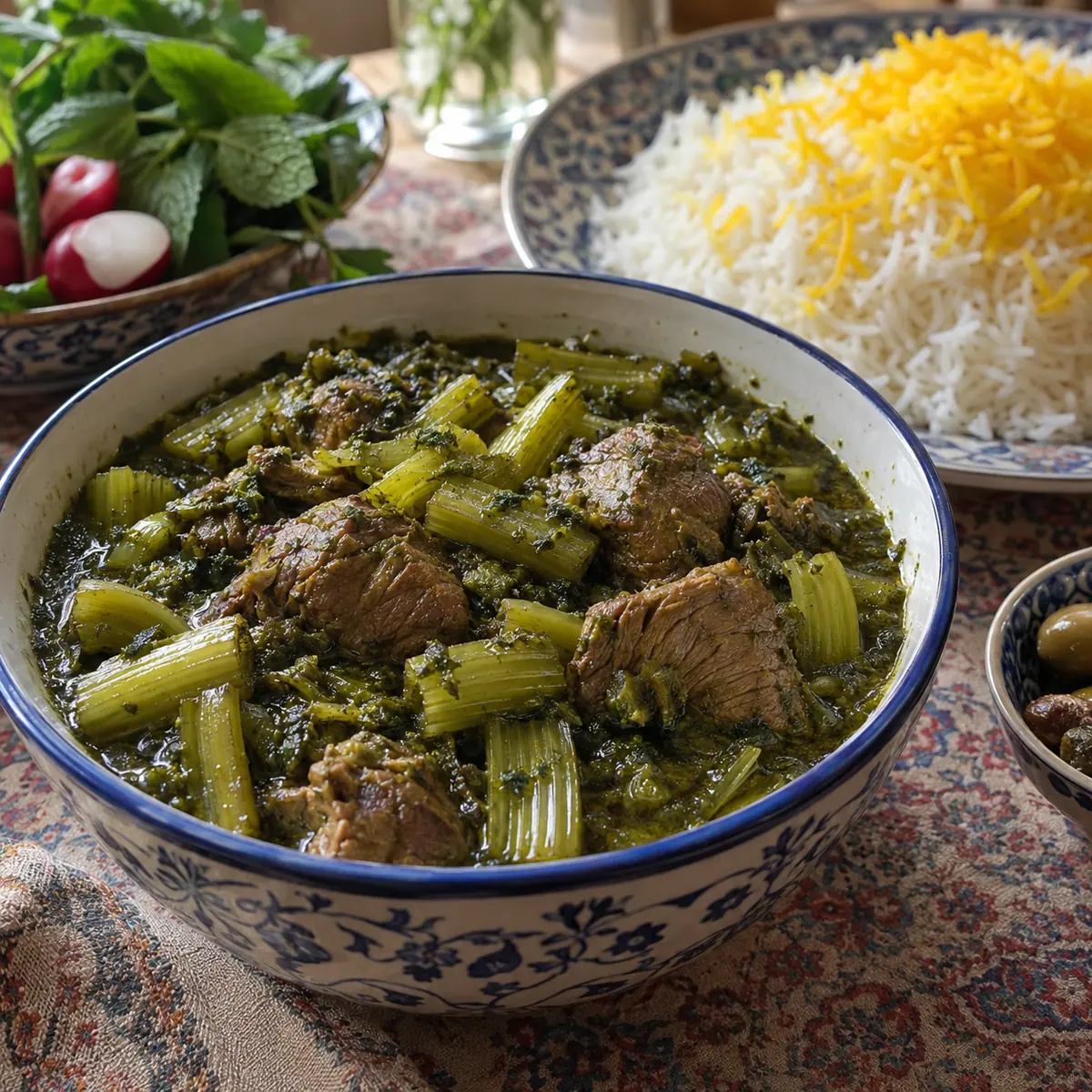 خورش کرفس خانگی با گوشت، کرفس، جعفری و نعناع