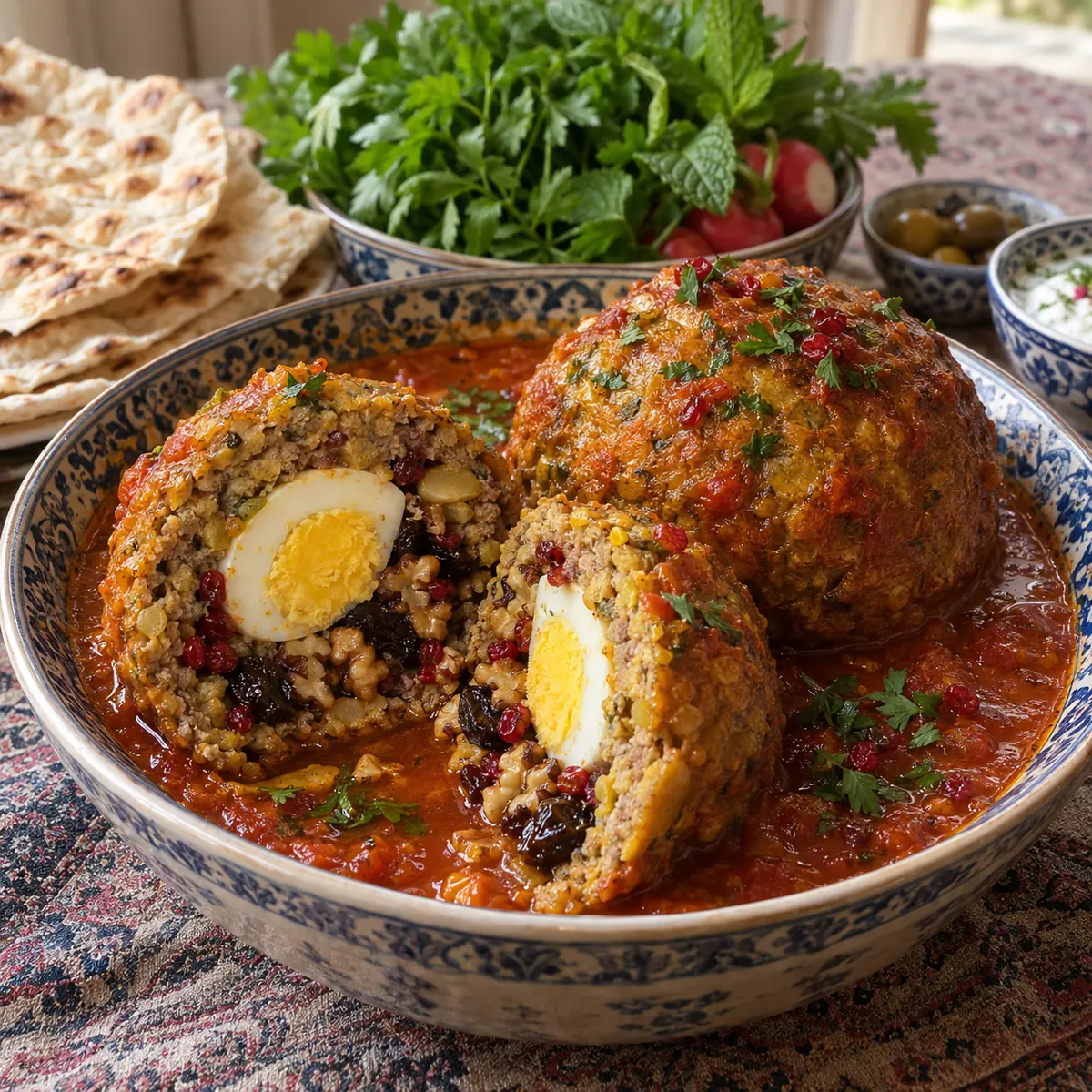 کوفته تبریزی خانگی بزرگ با مغز آلو، گردو و تخم‌مرغ در سس رب