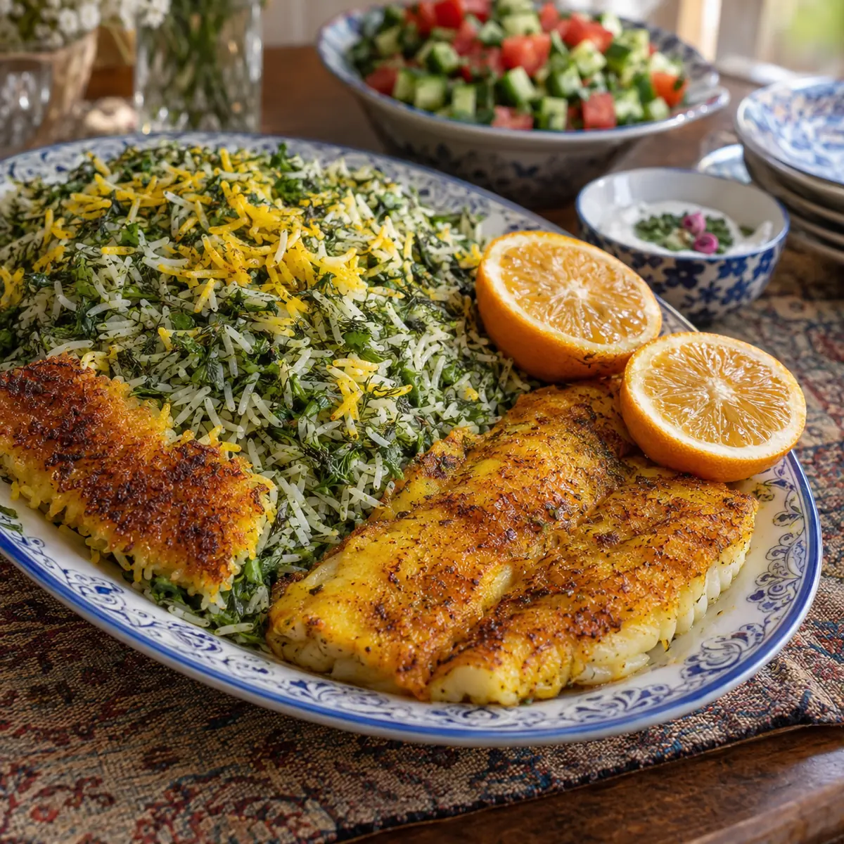 سبزی‌پلو با ماهی سرخ‌شده خانگی، برنج سبزی‌دار با شوید و گشنیز